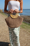 Seaside Bamboo Handle Tote-Khaki
