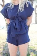 Carly Short Sleeve Knit Top and Short Pants Set-Navy