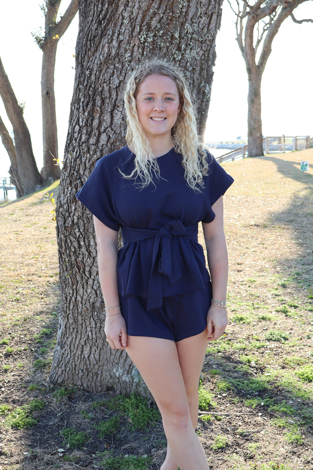 Carly Short Sleeve Knit Top and Short Pants Set-Navy