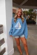 Sail Boat Neck Sweater Top-Blue