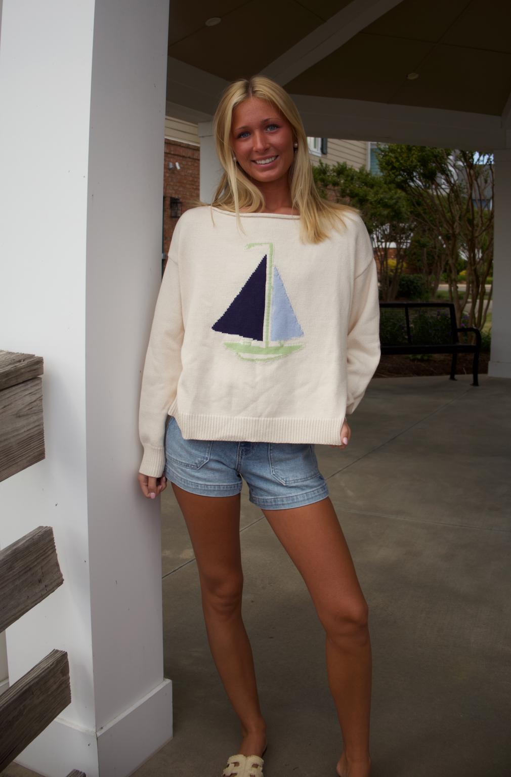 Sail Boat Neck Sweater-Cream