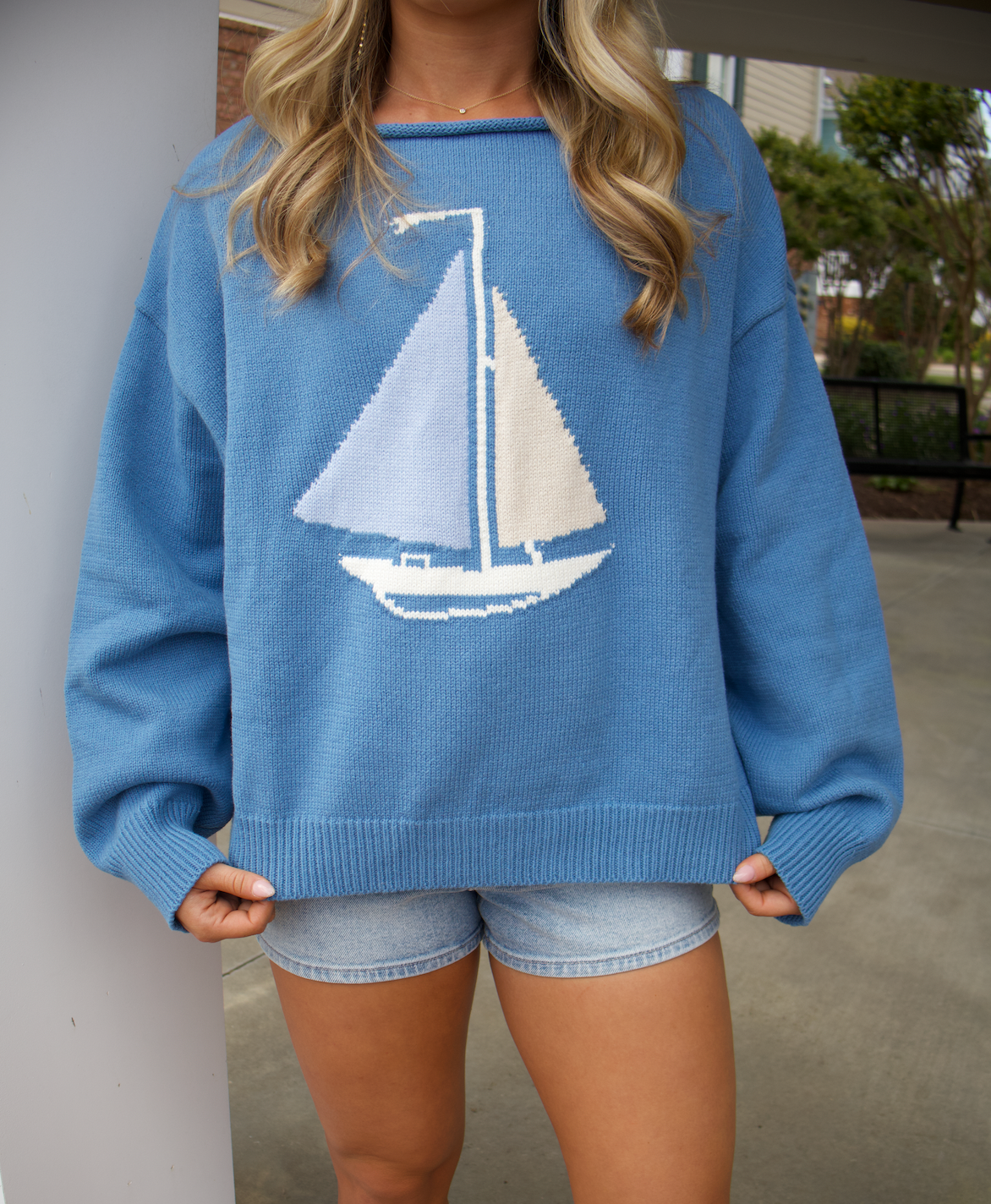 Sail Boat Neck Sweater Top-Blue