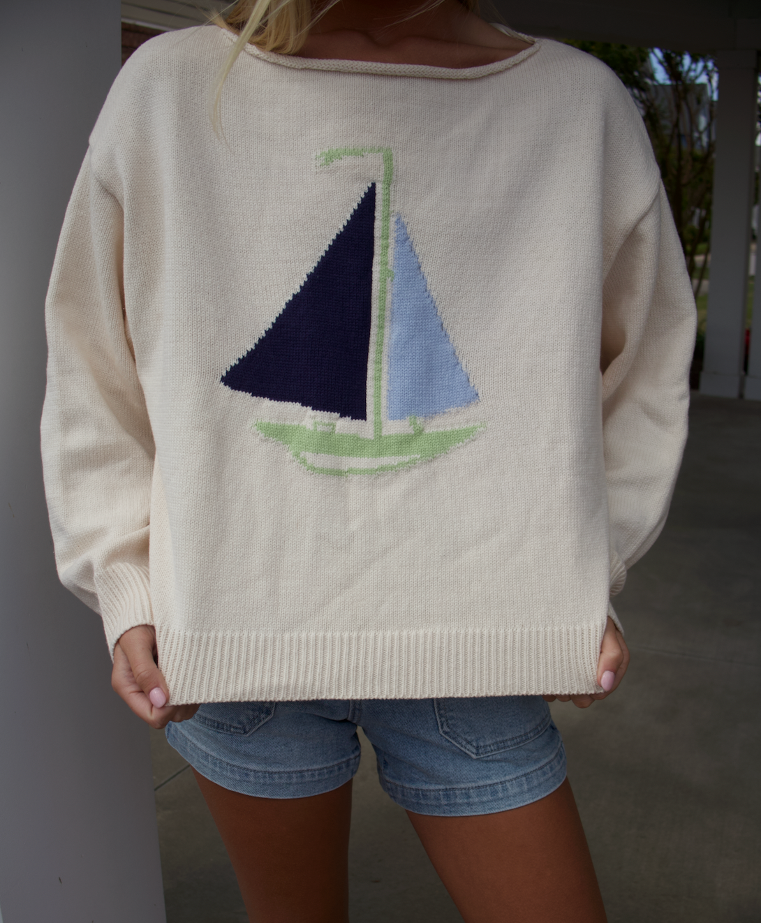 Sail Boat Neck Sweater-Cream