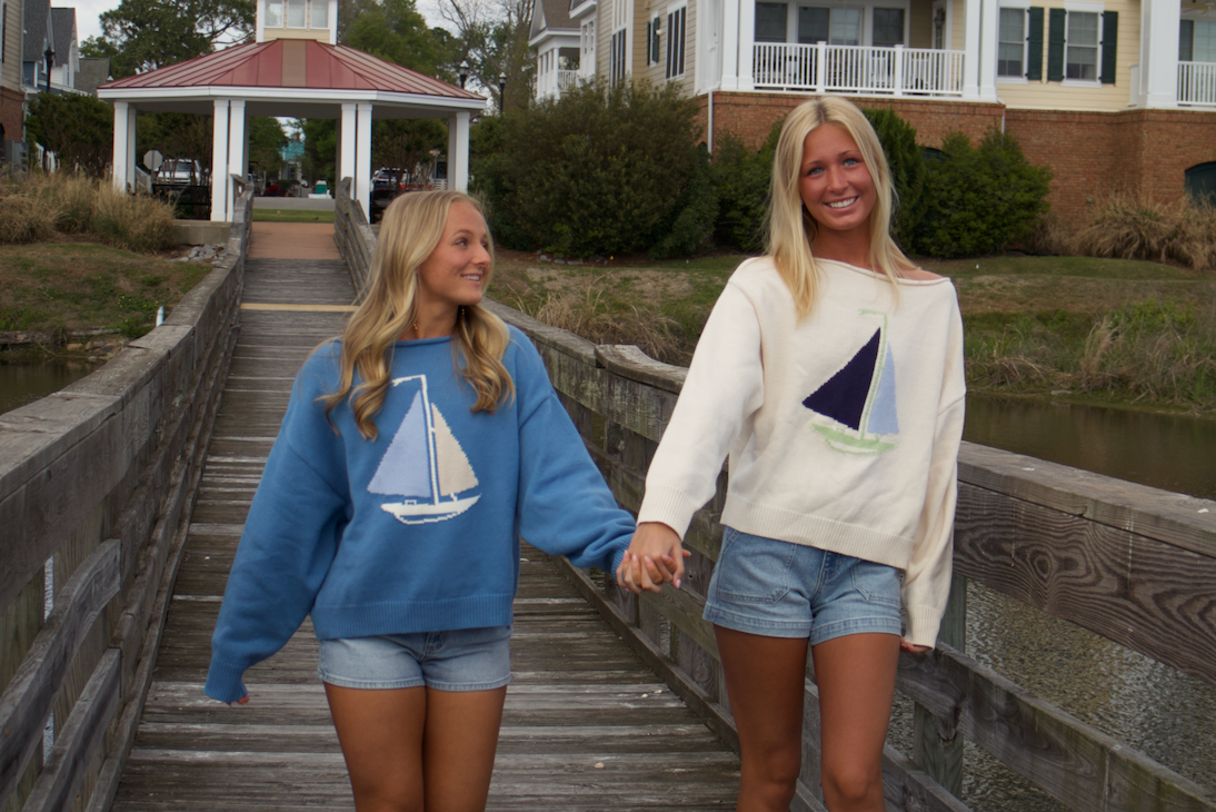 Sail Boat Neck Sweater Top-Blue